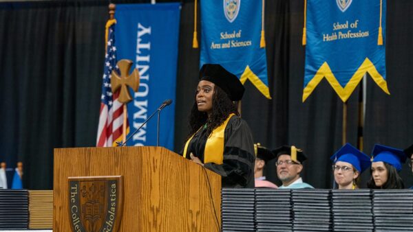 Photo of Ami Khan speaking at St. Scholastica's 2024 Commencement Ceremony