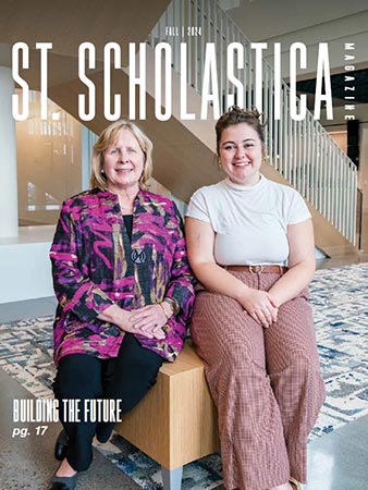 Cover of the St.Scholastica Fall 2024 Magazine Cover featuring President McDonald and SGA President Maddy Ploof