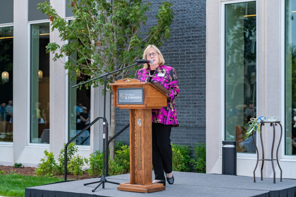 President Barbara McDonald speaks at the Student Center opening