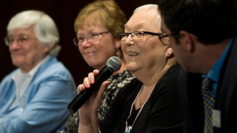 Kathleen LaTour and the late Shirley Eichenwald Maki during a panel discussion at the Fourm.